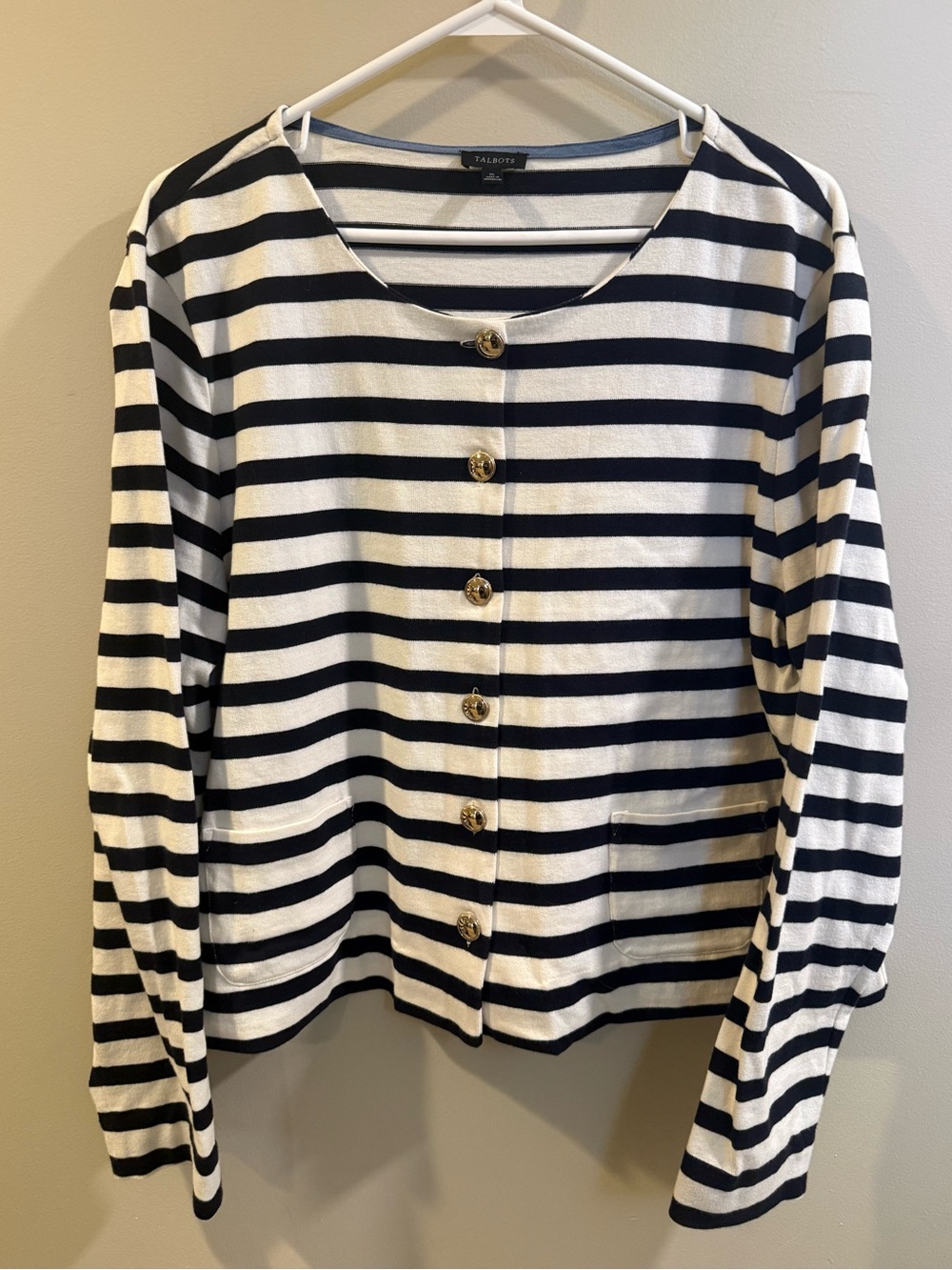 Talbots Navy & White Striped Top with Light Blue Trim